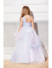 One Shoulder Light Blue Lace Tulle Corset Back Long Flower Girl Dress